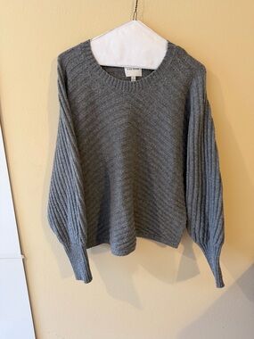 Pink Rose Gray Ribbed Crewneck with Balloon Sleeves